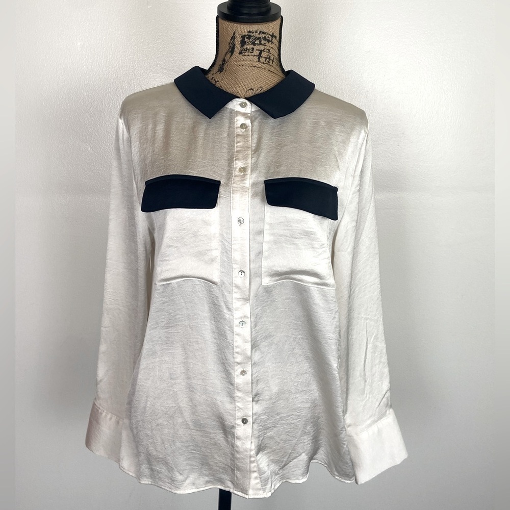 Zara Basic Women's Satin Top L Cream Nerd Preppy Mother Pearl Button Long Sleeve